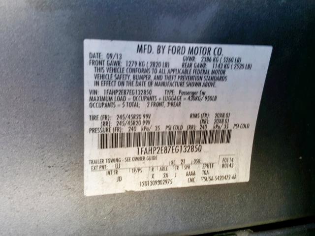 1FAHP2E87EG132850 - 2014 FORD TAURUS SEL GRAY photo 10