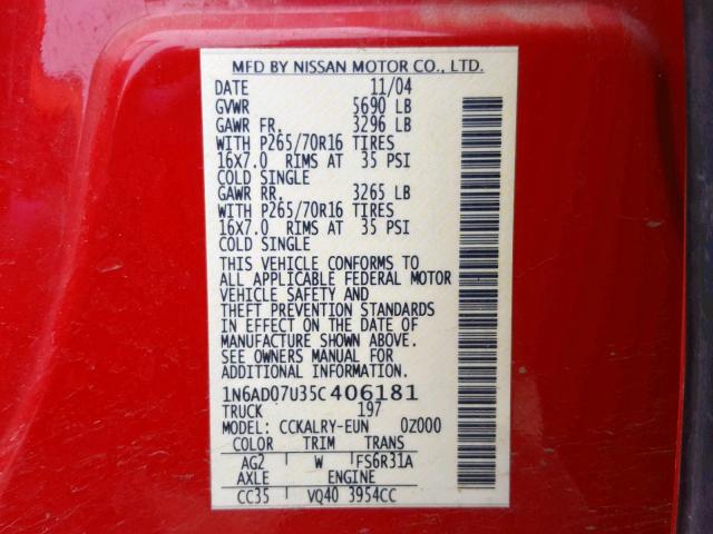 1N6AD07U35C406181 - 2005 NISSAN FRONTIER C RED photo 10