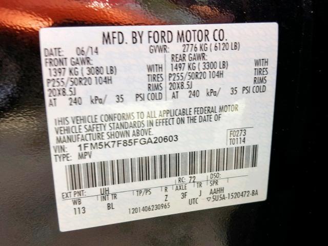 1FM5K7F85FGA20603 - 2015 FORD EXPLORER L BLACK photo 10