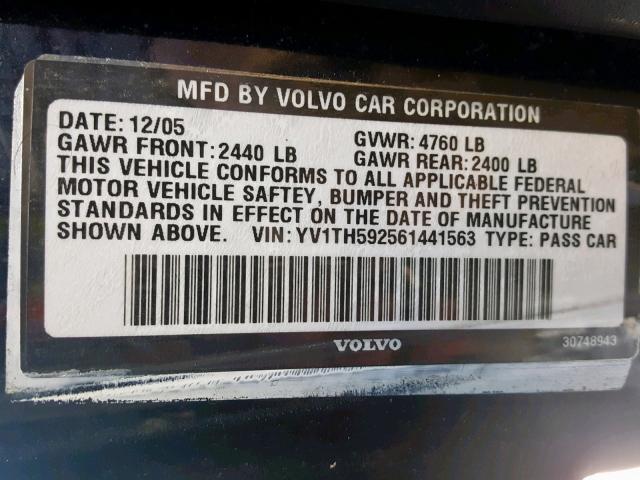 YV1TH592561441563 - 2006 VOLVO S80 2.5T BLUE photo 10