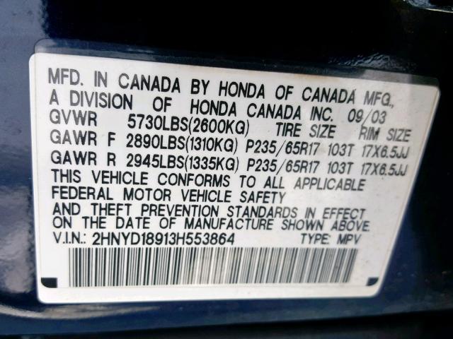 2HNYD18913H553864 - 2003 ACURA MDX TOURIN BLUE photo 10