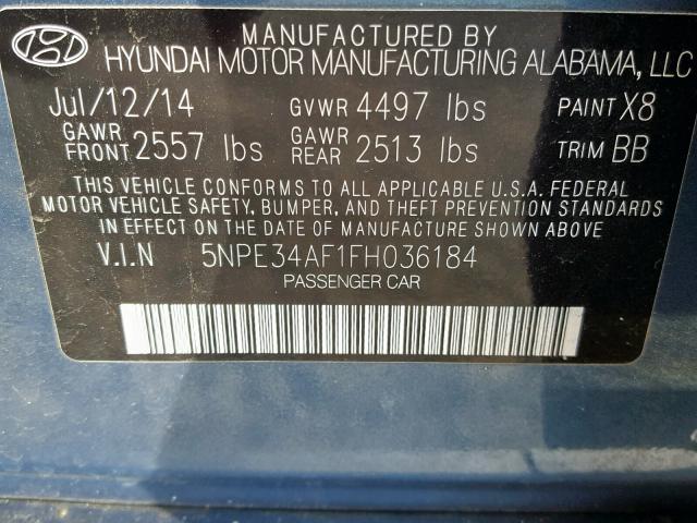 5NPE34AF1FH036184 - 2015 HYUNDAI SONATA SPO BLUE photo 10