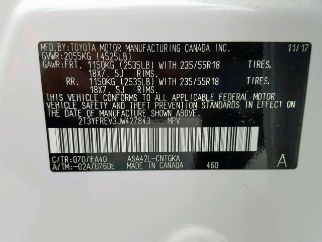 2T3YFREV3JW427843 - 2018 TOYOTA RAV4 LIMIT WHITE photo 10