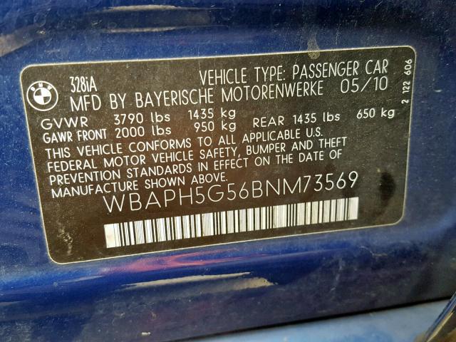 WBAPH5G56BNM73569 - 2011 BMW 328 I SULE BLUE photo 10