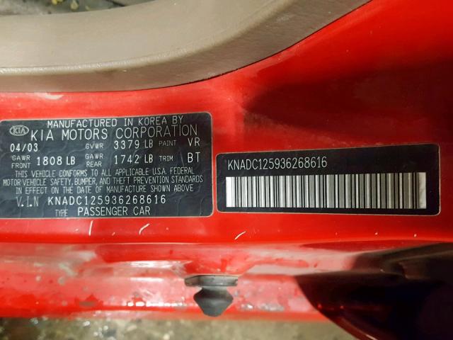 KNADC125936268616 - 2003 KIA RIO RED photo 10