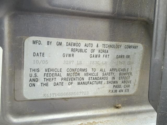 KL1TD66666B567723 - 2006 CHEVROLET AVEO BASE Графитовый фото 10