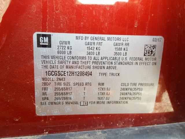 1GCGSCE12H1208494 - 2017 CHEVROLET COLORADO L RED photo 10