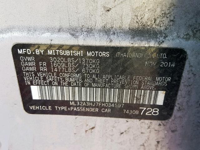 ML32A3HJ7FH034597 - 2015 MITSUBISHI MIRAGE DE SILVER photo 10