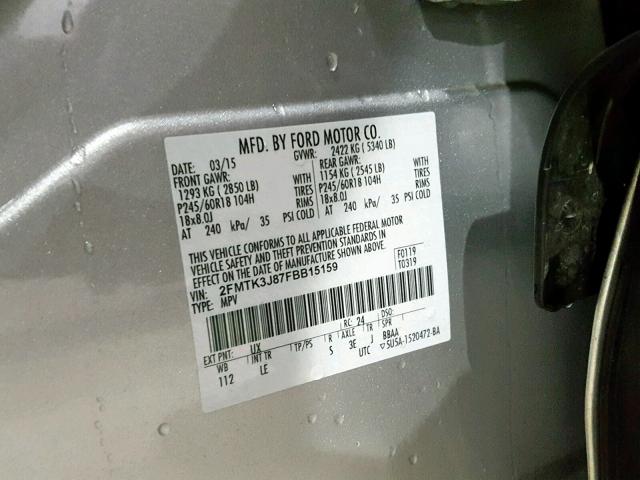 2FMTK3J87FBB15159 - 2015 FORD EDGE SEL SILVER photo 10