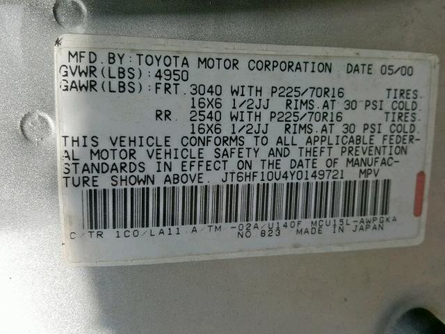 JT6HF10U4Y0149721 - 2000 LEXUS RX 300 SILVER photo 10