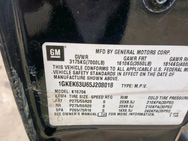 1GKEK63U65J208018 - 2005 GMC YUKON DENA BLACK photo 10