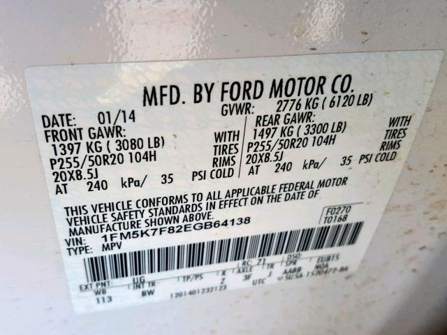 1FM5K7F82EGB64138 - 2014 FORD EXPLORER L WHITE photo 10