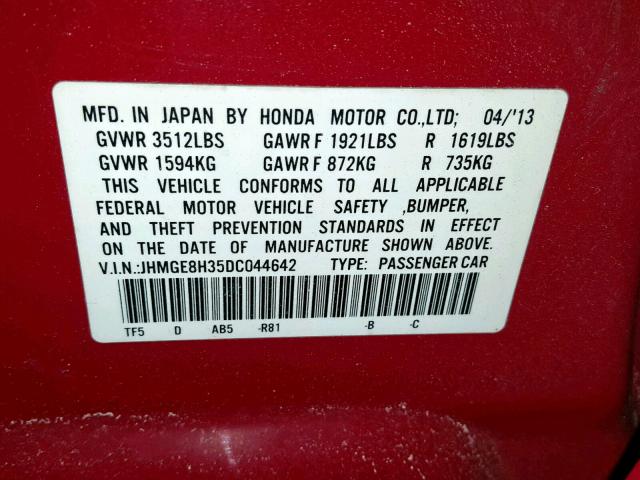 JHMGE8H35DC044642 - 2013 HONDA FIT RED photo 10