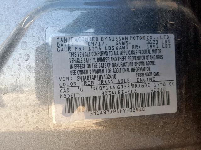 3N1AB7AP1HY402410 - 2017 NISSAN SENTRA S SILVER photo 10