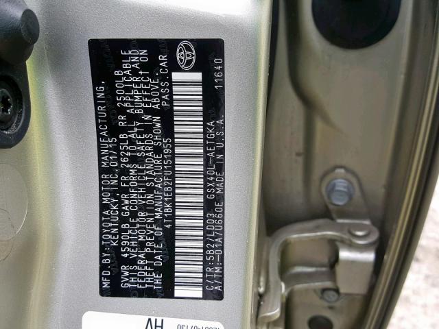 4T1BK1EB2FU151955 - 2015 TOYOTA AVALON XLE SILVER photo 10