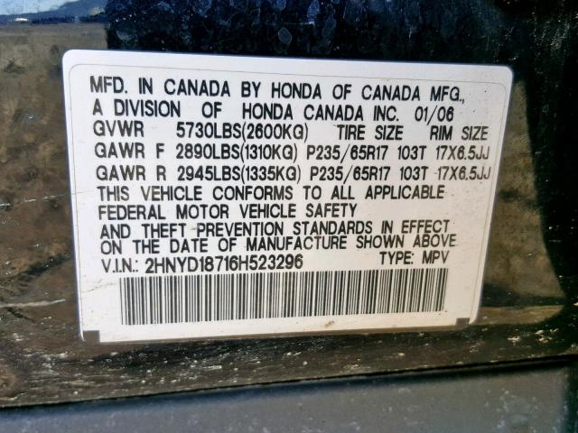 2HNYD18716H523296 - 2006 ACURA MDX TOURIN BLACK photo 10