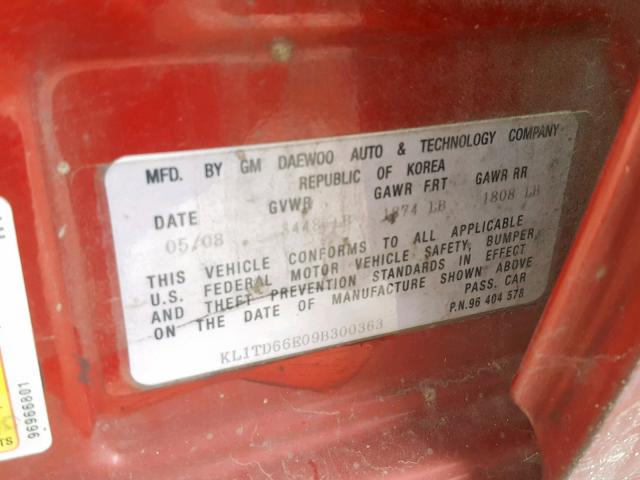 KL1TD66E09B300363 - 2009 CHEVROLET AVEO LS RED photo 10