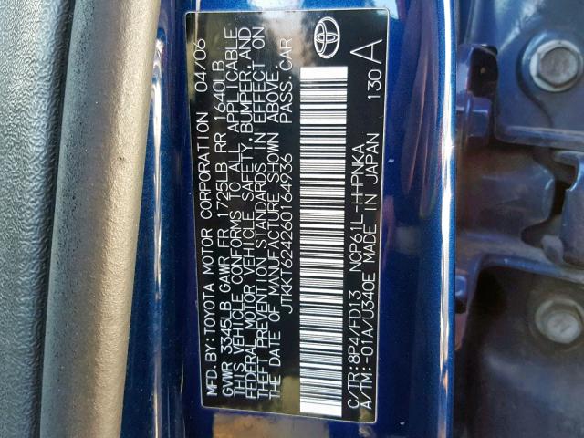 JTKKT624260164936 - 2006 TOYOTA SCION XA BLUE photo 10