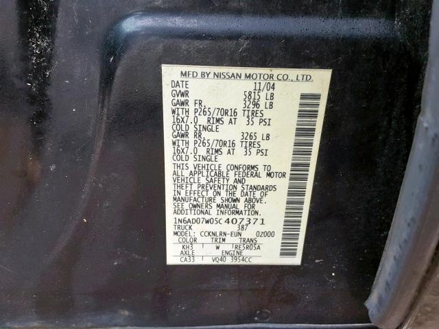 1N6AD07W05C407371 - 2005 NISSAN FRONTIER C BLACK photo 10