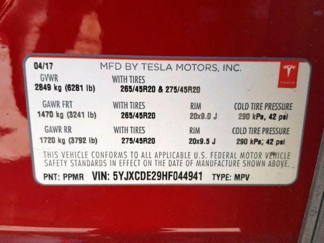 5YJXCDE29HF044941 - 2017 TESLA MODEL X RED photo 10