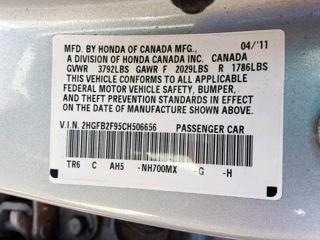 2HGFB2F95CH506656 - 2012 HONDA CIVIC EXL SILVER photo 10