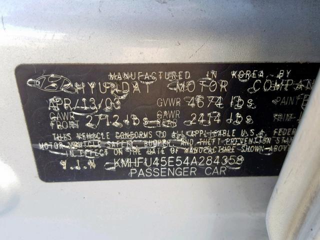 KMHFU45E54A284358 - 2004 HYUNDAI XG 350 SILVER photo 10