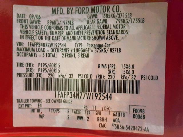 1FAFP34N77W192544 - 2007 FORD FOCUS ZX4 RED photo 10