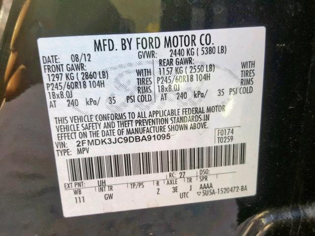 2FMDK3JC9DBA91095 - 2013 FORD EDGE SEL CHARCOAL photo 10