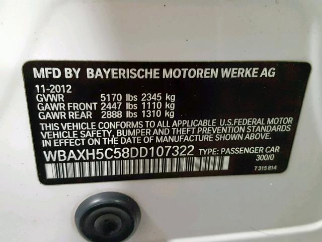 WBAXH5C58DD107322 - 2013 BMW 528 XI WHITE photo 10