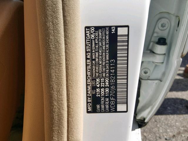 WDBJF70J61B214113 - 2001 MERCEDES-BENZ E 430 WHITE photo 10