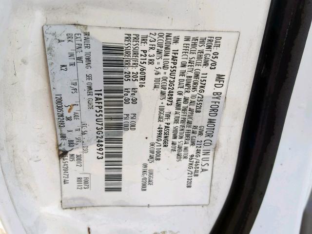 1FAFP55U73G248973 - 2003 FORD TAURUS SES WHITE photo 10