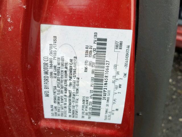 3FAFP31N45R106627 - 2005 FORD FOCUS ZX3 RED photo 10