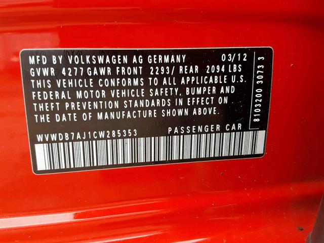 WVWDB7AJ1CW285353 - 2012 VOLKSWAGEN GOLF 红色 照片 10