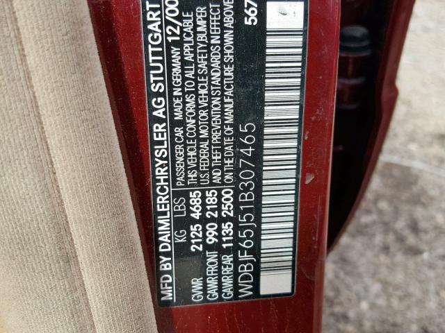 WDBJF65J51B307465 - 2001 MERCEDES-BENZ E 320 RED photo 10