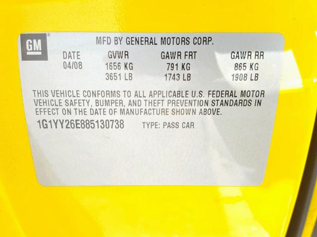 1G1YY26E885130738 - 2008 CHEVROLET CORVETTE Z YELLOW photo 10