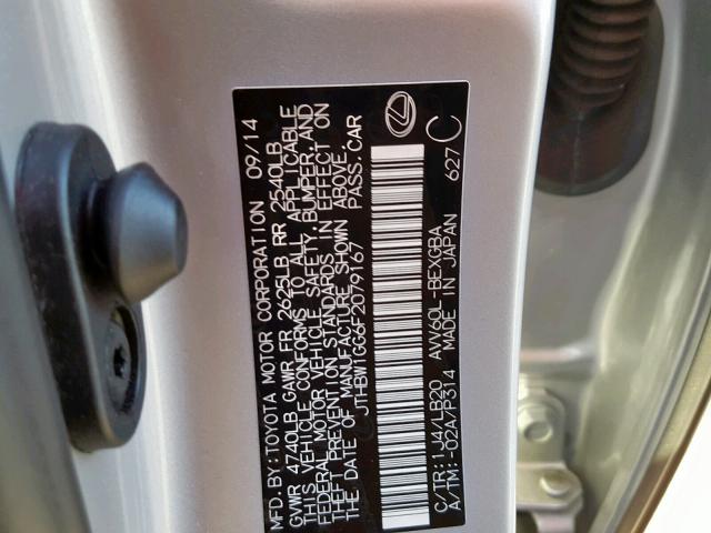 JTHBW1GG6F2079167 - 2015 LEXUS ES 300H SILVER photo 10