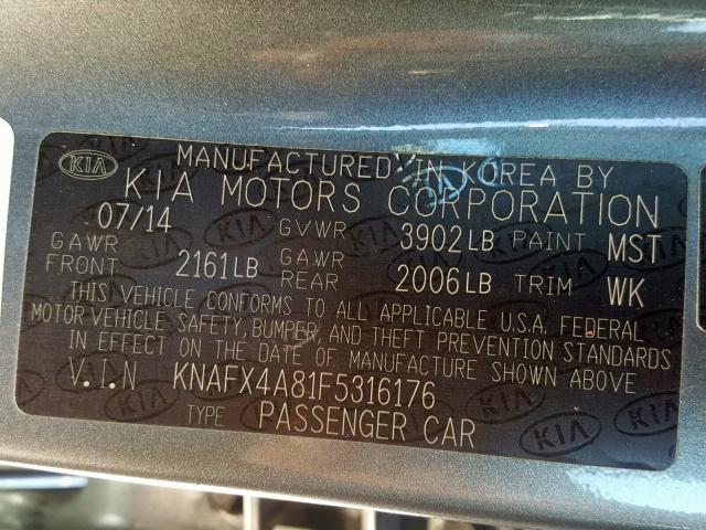 KNAFX4A81F5316176 - 2015 KIA FORTE EX GRAY photo 10