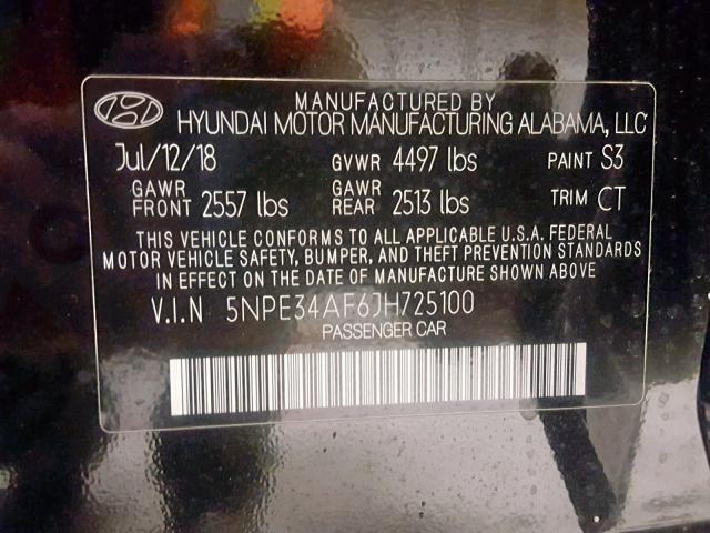 5NPE34AF6JH725100 - 2018 HYUNDAI SONATA SPO BLACK photo 10