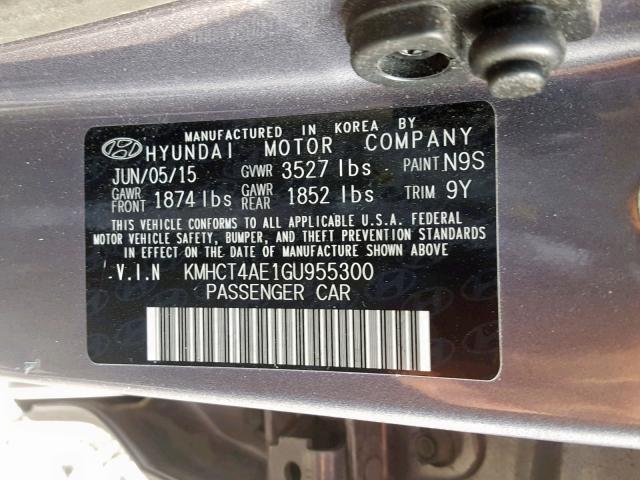 KMHCT4AE1GU955300 - 2016 HYUNDAI ACCENT SE GRAY photo 10