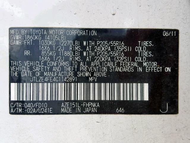 JTLZE4FE4C1142891 - 2012 TOYOTA SCION XB 白色 照片 10