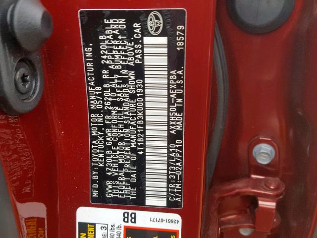 4T1B21FB3KU001930 - 2019 TOYOTA AVALON XLE RED photo 10