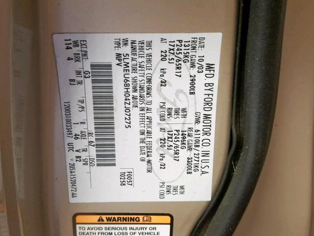 5LMEU68H04ZJ07275 - 2004 LINCOLN AVIATOR 棕色 照片 10