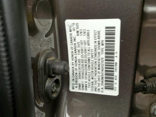 2HKRM3H74GH527079 - 2016 HONDA CR-V EXL GRAY photo 10