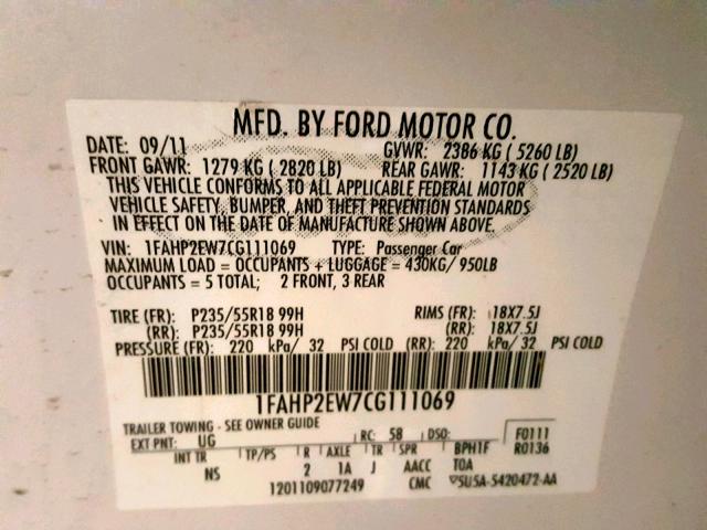 1FAHP2EW7CG111069 - 2012 FORD TAURUS SEL WHITE photo 10