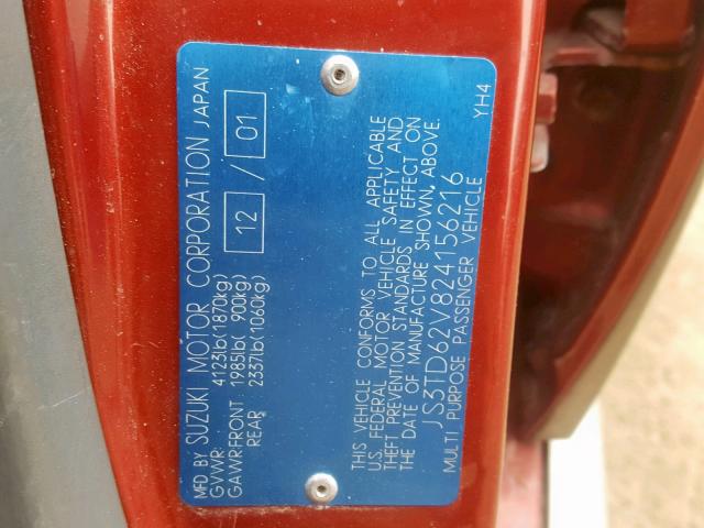 JS3TD62V824156216 - 2002 SUZUKI GRAND VITA RED photo 10