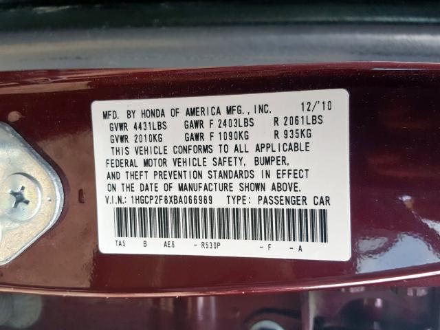 1HGCP2F8XBA066989 - 2011 HONDA ACCORD EXL  photo 10