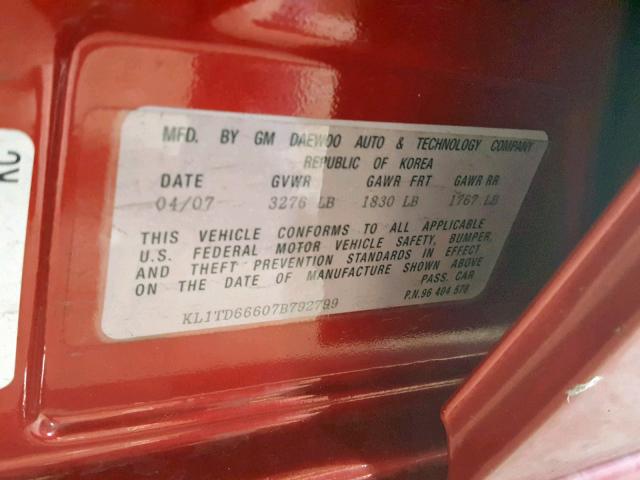 KL1TD66607B792799 - 2007 CHEVROLET AVEO BASE Qırmızı foto 10
