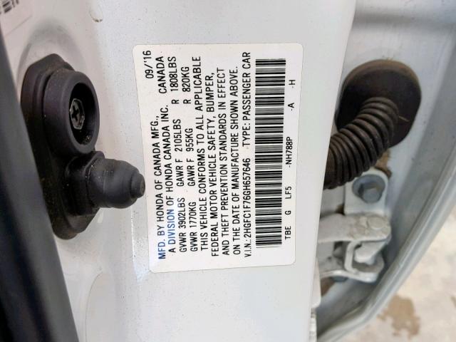 2HGFC1F76GH657646 - 2016 HONDA CIVIC EXL WHITE photo 10