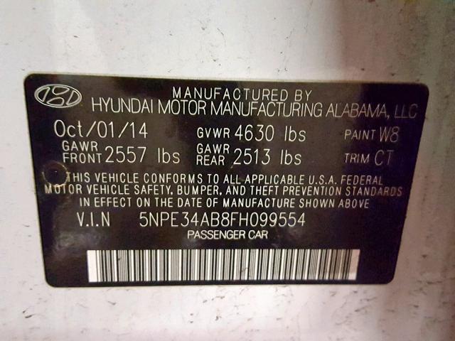 5NPE34AB8FH099554 - 2015 HYUNDAI SONATA SPO WHITE photo 10