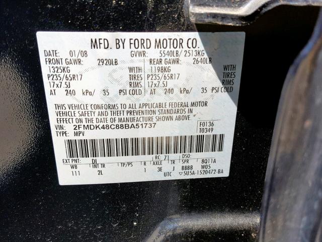 2FMDK48C88BA51737 - 2008 FORD EDGE SEL BLACK photo 10